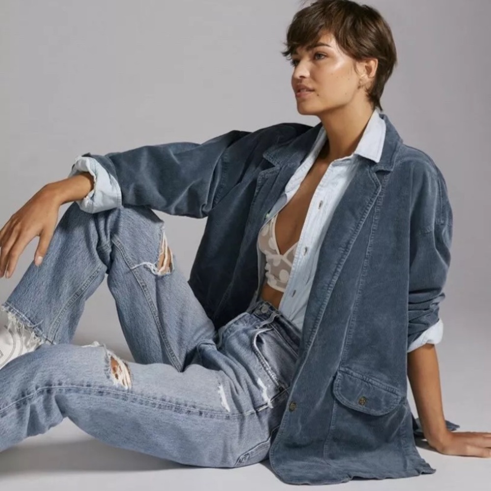 Anthropologie Pilcro Oversized Corduroy Blazer Jacket Coat Shacket Blue Sz S